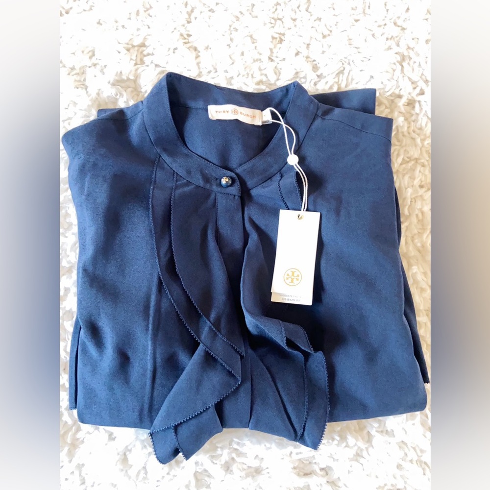 NWT Tory Burch Navy Jane Ruffle Crepe Dress Size 10 - Picture 3 of 6